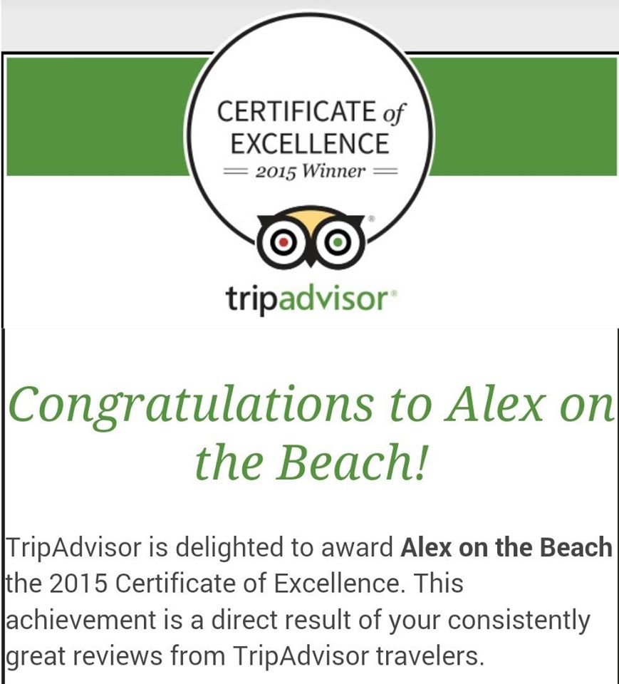 Alex on the Beach gets Trip Advisor Certificate of Excellence!